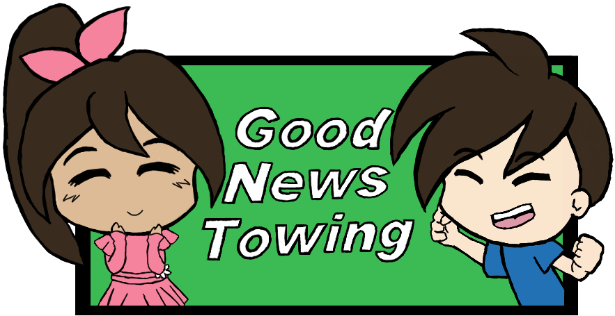 Early Good News Towing artwork with the original green background and character branding